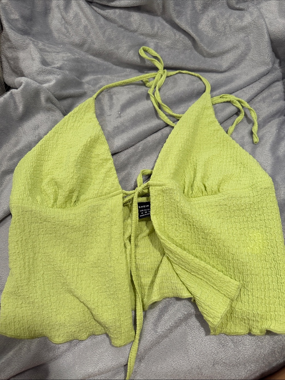 SHEIN Neon Lime Textured Halter Tie-Front Crop Top and Pants